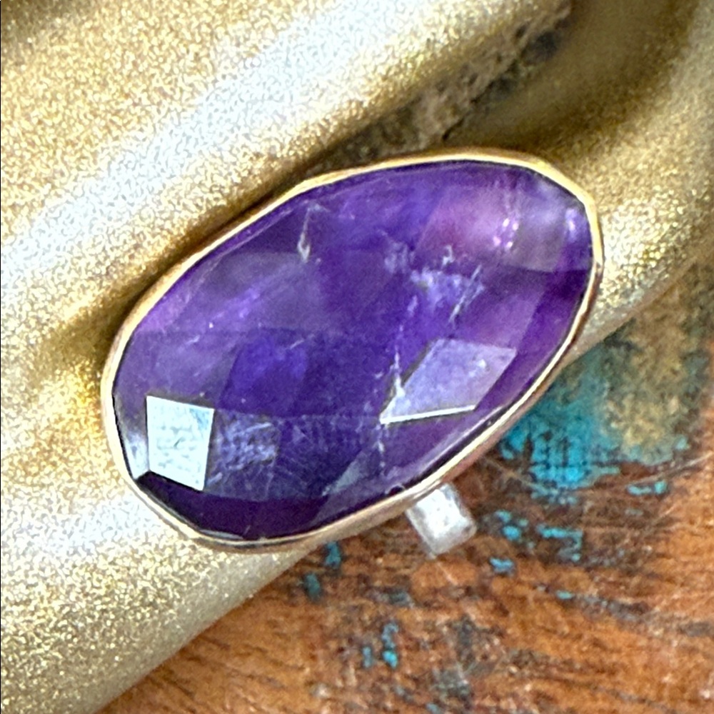 Jes MaHarry gold bezeled faceted amethyst ring. New in box.
